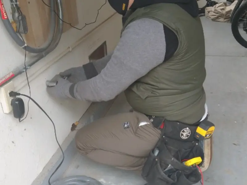 Electrician performing outlet wiring in a Coppell garage